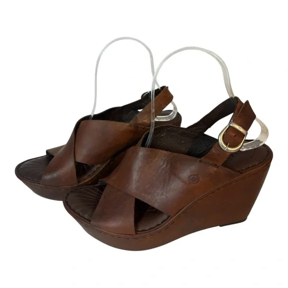 Born handcrafted footwear brown leather platform Wedge Slingback women’s size 8 - Picture 1 of 6
